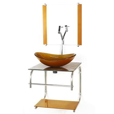 Imagem de GABINETE DE VIDRO CUBA OVAL 40CM INOX MARMORE MARFIM COM TORNEIRA CROMADA