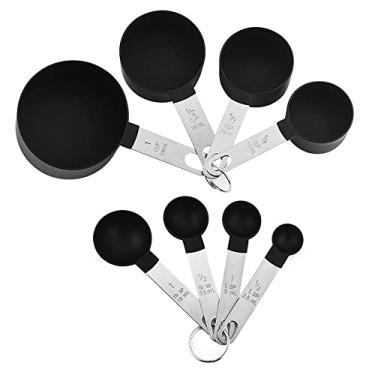 Imagem de FUYTERY Conjunto de copos e colheres medidores de 8 peças utensílio de cozinha empilhável de aço inoxidável (Preto)