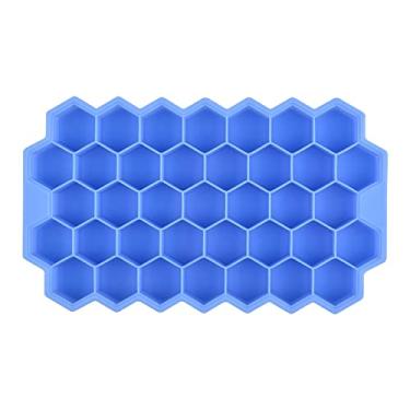 Imagem de Bandeja de cubo de gelo molde de cubo de gelo reutilizável favo de mel bandeja de cubo de gelo com tampa removível molde de cubo de gelo (cor: azulNoLid)