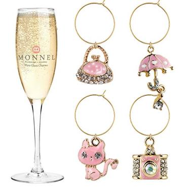 Imagem de P418 Bolsa de ombro de gato cristal para câmera com pingente de vinho marcador de vidro para festa com bolsa de veludo (rosa, conjunto de 4), Liga de zinco metálica