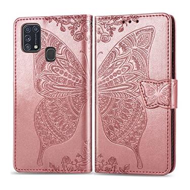 Imagem de CHAJIJIAO Capa flip capa carteira para Samsung Galaxy M31, capa de telefone carteira flip bumper à prova de choque / alça de pulso/coldre floral padrão borboleta carteira capa traseira do telefone (cor: rosa rosa)
