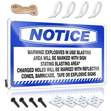 Imagem de CakJuice Aviso de decoração Tinsign Aviso! Explosivos em uso! Área de jateamento Sinal de estanho Placas de churrasco Placas de metal externas engraçadas (Tamanho: 20X30cm)