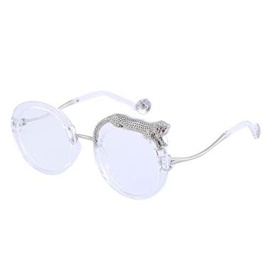Imagem de Óculos de sol redondos femininos retrô leopardo óculos de sol para senhoras anti-luz azul óculos vintage,c9 transparentebranco,com uma bolsa