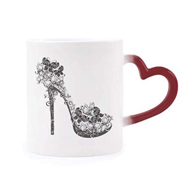 Imagem de Sapatos de salto alto flor padrão borboleta caneca sensível ao calor muda de cor vermelha copo de grés