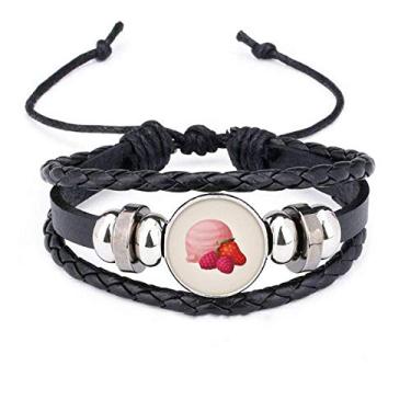 Imagem de DIYthinker Pulseira de corda trançada de couro trançado com bola de sorvete rosa de uva morango