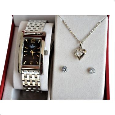 Imagem de Relogio Champion Retangular Medio Prateado Visor Preto Cn26608t + Kit Semi Joia