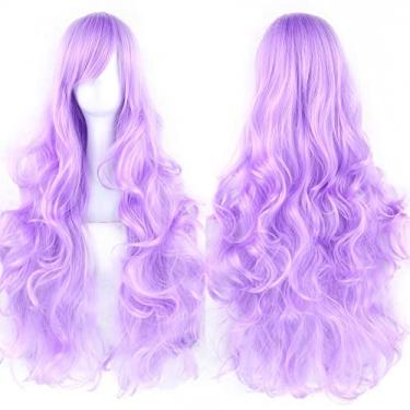Imagem de IMISSU Peruca cosplay de cabelo natural cacheado longo com franjas coloridas fantasia de Halloween perucas de festa (Roxo brilhante)