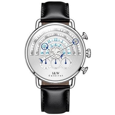 Imagem de TEINTOP I&w Relógio masculino de quartzo, cronógrafo com pulseira de pele de bezerro, Preto, branco, Relógio de pulso