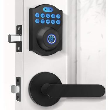 Imagem de eLinkSmart Fechadura de porta de entrada sem chave com conjunto de alça, fechadura de porta de impressão digital com alavanca de maçaneta, teclado digital inteligente biométrico eletrônico inteligente combinação de código fechadura de porta para porta da frente