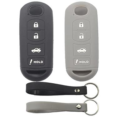 Imagem de kcpros 2 peças de borracha silicone 4 botões Smart Key Fob capa protetora sem chave com chaveiro compatível com Mazda 3 6 MX-5 CX-9 CX-5 CX-5 preto cinza