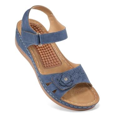 Imagem de FUDYNMALC Sandálias para mulheres sapatos ortopédicos: Sandália feminina confortável e elegante cunha anabela de verão - Sandálias de plataforma casuais com laço de gancho ajustável, Azul escuro, 5