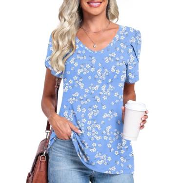 Imagem de CATHY 2024 Túnica feminina de verão camisetas casuais de manga curta gola V solta confortável camiseta leve e fofa, Flor branca azul, 4XG