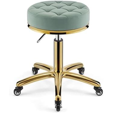 Imagem de Tamborete giratório, banco de barbeiro ajustável em altura sobre rodas, banco de metal hidráulico resistente com haste de cadeira dourada para cozinha, salão de beleza, massagem, clínica, ba