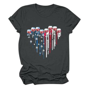 Imagem de Camiseta feminina de 4 de julho com estampa de taças de vinho, manga curta, verão, dia da independência, Cinza escuro, XXG