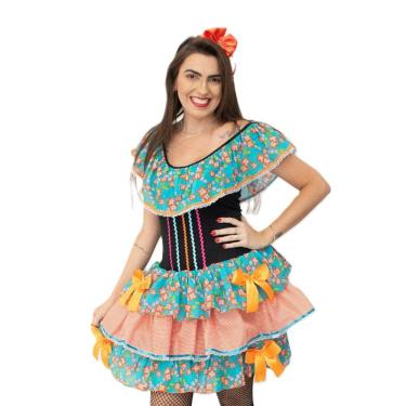 Imagem de Vestido Feminino Caipira Rosa Florido São João Adulto + Arco