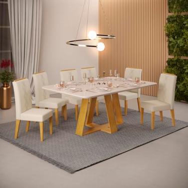 Imagem de Conjunto Sala de Jantar 6 Cadeiras Tampo Curvo Dj Móveis Kiara Cedro Yasmin Linho Neve