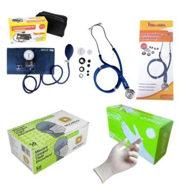 Imagem de Kit medidor de pressão esteto máscara e luvas caixa Azul - Premium