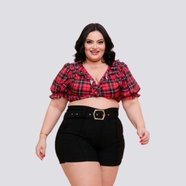 Imagem de Conjunto Plus Size Feminino Cropped Xadrez Short Cinto 0269 - Bellucy 