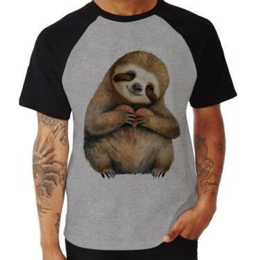 Imagem de Camiseta Raglan Bicho Preguiça Coração - Foca na Moda, Cinza, Preto, P