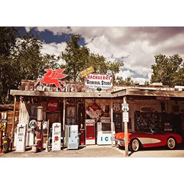 Imagem de BELECO Tecido 2,1 x 1,5 m Rota Histórica dos EUA 66 Pano de Fundo Hackberry General Store Posto de Gasolina Restaurante Motel Vermelho Carro Clássico Arizona Cenário Rota 66 Decorações de Festa