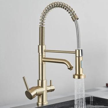 Imagem de Torneiras de cozinha de purificação escovadas, torneira com filtro de água com rotação de 360 graus, guindaste com filtro de latão, torneira misturadora quente e fria de dois modos, ouro escovado