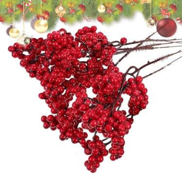 Imagem de Hastes de frutas vermelhas, frutas vermelhas para artesanato - 6 peças de galhos de frutas silvestres falsas com caules - Decorações realistas de frutas e artesanato de árvore de Natal para mesa, port