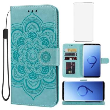 Imagem de Yodueiv Capa para Galaxy S9, capa carteira para Samsung S9 SM-G960U com protetor de tela de vidro temperado, alça de pulso de couro PU mandala slots para cartão capa protetora flip para Samsung Galaxy