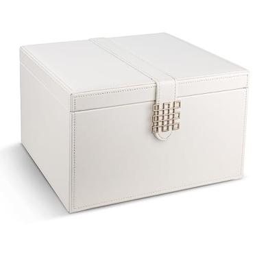 Imagem de Glenor Co Organizador de maquiagem – Estojo requintado extra grande com fecho moderno, 4 bandejas de gaveta e espelho completo – enorme caixa de joias de armazenamento de cosméticos para cômoda, balcão e penteadeira – Couro PU – Branco