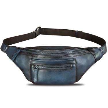 Imagem de Pochete de couro genuíno para homens e mulheres vintage feita à mão bolsa de cintura bolsa tiracolo bolsa tiracolo, Azul, 14.56 x 2.75 x 5.11 inches, Vintage