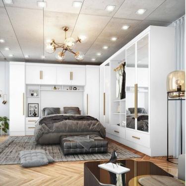 Imagem de Quarto Modulado Casal Completo 6 Peças 6 Portas 5 Gavetas com Maleiro e Espelhos Smart Plus Branco