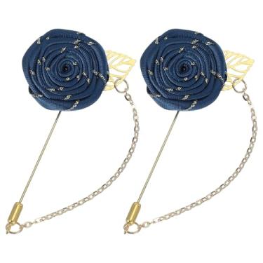 Imagem de uxcell 2 peças de broche de lapela rosa para ternos masculinos, broche de flores de pano feito à mão com folha de ouro/corrente para acessórios de terno casamento de noivo, azul marinho, 9.5 cm, Metal