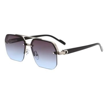 Imagem de Azoxus Óculos de sol grandes sem aro masculino retrô quadrado aviador óculos de sol modernos prata metal vintage lentes matizadas, Lente cinza-azul gradiente/armação de metal prata, Large