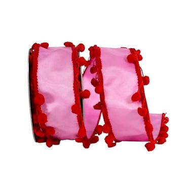 Imagem de Reliant Ribbon Fita de borda com fio Dupioni Deluxe com pompom, rosa/vermelho