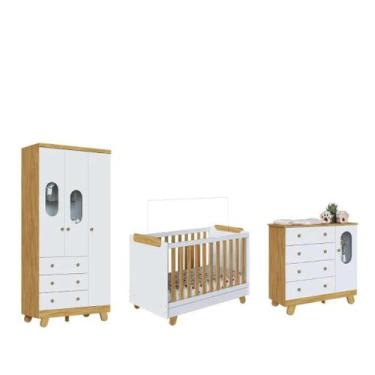 Imagem de Quarto Completo Bebe Moveis Peroba Pingo berço 4x1 MDF, Branco Amêndoa