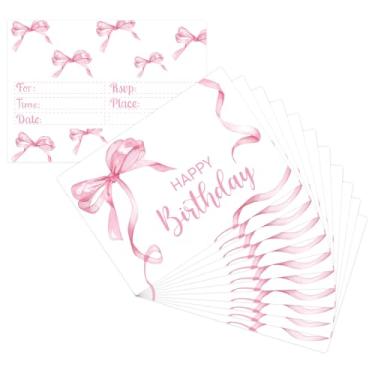 Imagem de JarThenaAMCS 24 peças de cartões de convite de festa de aniversário com laço rosa convites de aniversário em aquarela para chá de bebê