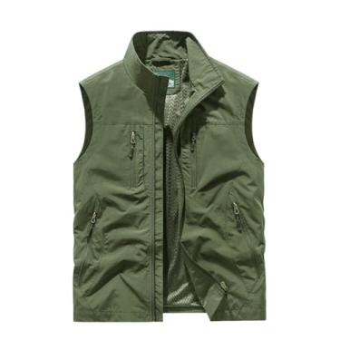 Imagem de Colete De Pesca Sem Mangas Com Zíper E Vários Bolsos Para Homens, Coletes Leves Para Trabalho Caça Viagem, Fotografia, Para Caminhadas, Corrida, Trabalho, Pesca, Escalada, Viagens(Military green,3X-La