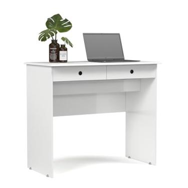 Imagem de Escrivaninha Bancada para Notebook Quarto Mesa de Computador Home Office Estudo Estação de Trabalho com 2 Gavetas (Branco)
