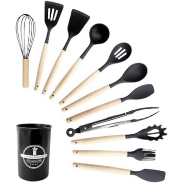 Imagem de Kit 12 Utensílios De Cozinha Em Silicone E Cabo De Madeira, Conjunto Antiaderente, Possui Espátulas, Colheres, Pegadores, Fouet, Pincel e Suporte Premium (Sortido)