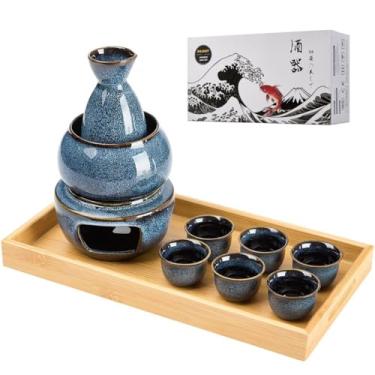 Imagem de DUJUST Conjunto de 10 peças de saquê japonês com aquecedor para 6, conjunto de saquê de porcelana com esmalte alterado, 6 copos de saquê, 1 garrafa de saquê, 1 aquecedor, 1 fogão de velas, 1 bandeja e
