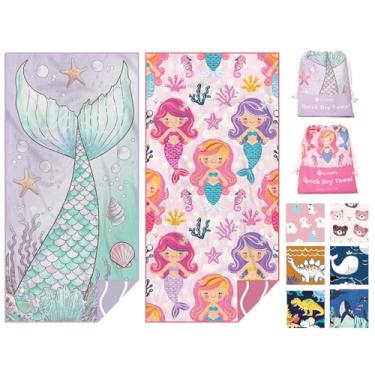 Imagem de Eunzel Pacote com 2 toalhas de praia infantis de microfibra, toalhas de secagem rápida para meninas e meninos, toalha de viagem sem areia para praia, acampamento, piscina 152 cm x 76 cm, cauda de