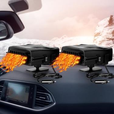 Imagem de Baquler 2 pacotes 12 V 150 W aquecedor de assento de ventilador de carro 2 em 1 aquecimento portátil com plugue de isqueiro base rotativa de 360° grau rotativo que se conecta à maioria dos isqueiros de carro, desembaçador e descongelador, preto