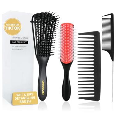 Imagem de UREELIN Conjunto de escovas desembaraçadoras ultra macias de 4 peças – Inclui escovas desembaraçadoras de 8 e 9 fileiras, pente de dentes largos, pente de cauda de rato, 4 grampos de cabelo molhados
