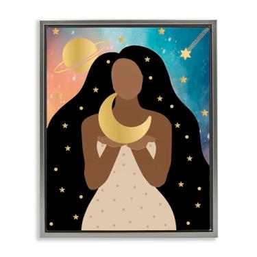 Imagem de Stupell Industries Design de arte de parede em tela flutuante emoldurada Woman Holding the Moon Gray por Daniela Santiago, 43 x 53 cm