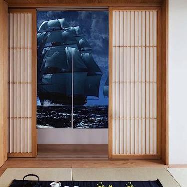 Imagem de Cortina náutica vintage navio pirata japonês Noren cortina divisória de banheiro tapeçaria de porta tratamento de janela para decoração de casa 86 x 142 cm