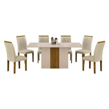 Imagem de Mesa De Jantar Doha 160x80 Reto Off White Freijó Decor Off Com 6 Cadeiras Freijó Joli Palha - Leifer Móveis