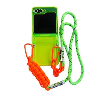 Imagem de Capas de celular com cordão transversal verde fluorescente para Samsung Galaxy Z Flip 6 5 4 3 Z Flip5 ZFlip5, capa traseira para inserir cartões, cordão YGGreen, para Z Flip 4