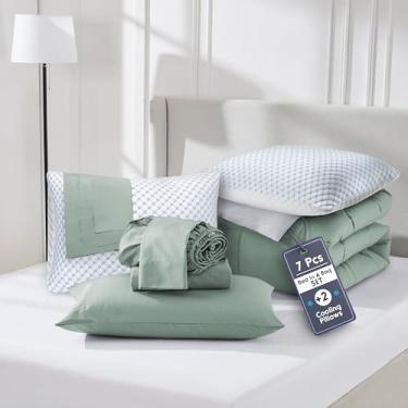 Imagem de Nestl Conjunto de edredom completo de 9 peças – Cama reversível verde sálvia em uma bolsa – Conjunto completo de cama de casal com lençóis, travesseiros refrescantes, fronhas e fronhas