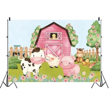 Imagem de Yeele Pano de fundo de 2,4 x 1,8 m de desenho animado de animais de fazenda para fotografia, flores, pastagem, celeiro rosa, celeiro, fundo para recém-nascido, para chá de bebê, crianças, festa de