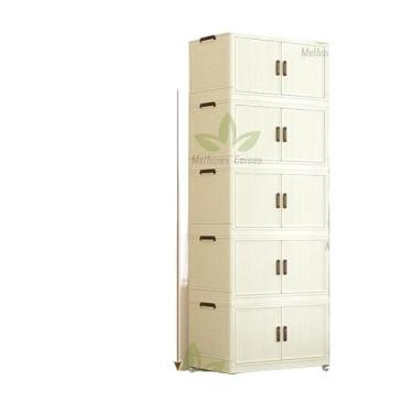 Imagem de Caixa organizadora armario armazenamento dobrável empilhavel com porta rodinhas multiuso(58cm(leitebranco 5camadas))