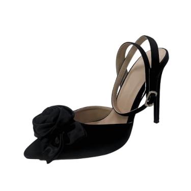 Imagem de Lryweisy Sapato feminino de cetim preto salto alto bico fino com detalhe rosa e tira no tornozelo, Marrom camelo, 39